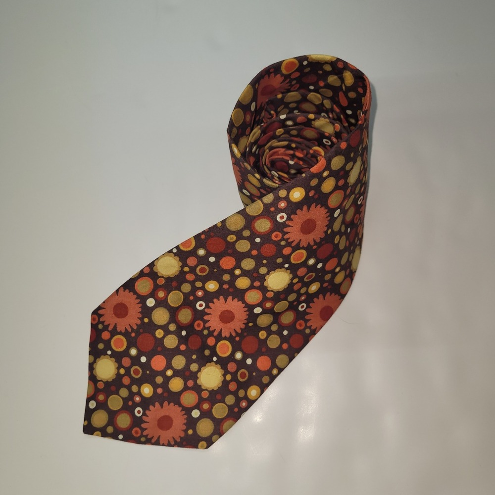 Liberty Mens Tie Brown Floral Circles Dots Pattern‎ Cotton Made in England Short
